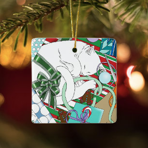Slaande Witte Kat Kerst Inpakpapier Keramisch Ornament