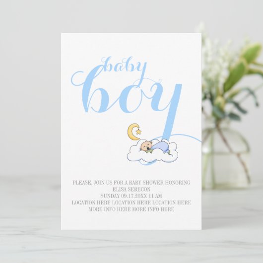 Slaap baby jongen douche blauwe tekst minimaal kaart (Staand voorkant)