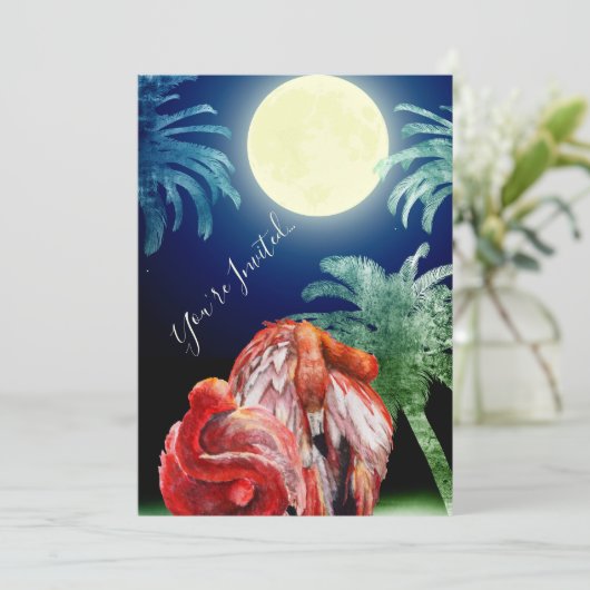Slaap Flamingo's en maan Tropical Beach Wedding Kaart (Staand voorkant)