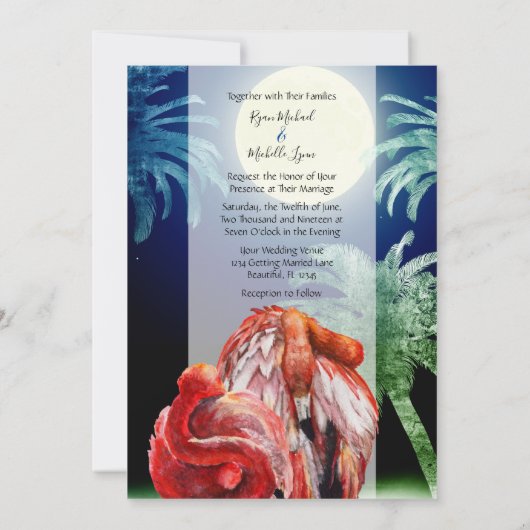 Slaap Flamingo's en maan Tropical Beach Wedding Kaart (Achterkant)