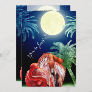 Slaap Flamingo's en maan Tropical Beach Wedding Kaart