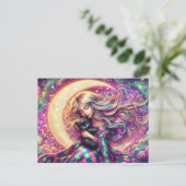 Slaap halve maan meisje met zwarte kat briefkaart (Staand voorkant)