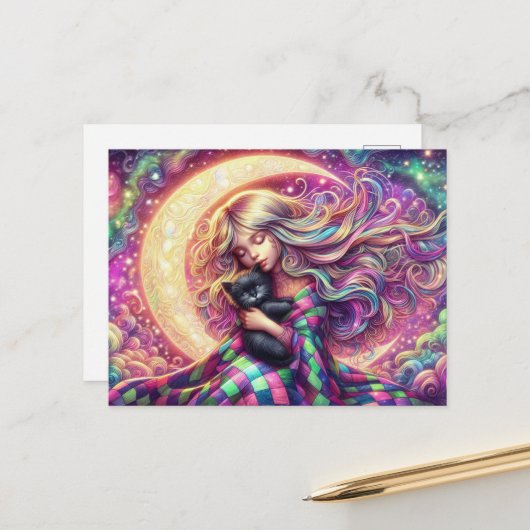Slaap halve maan meisje met zwarte kat briefkaart (Voorkant / Achterkant in situ)