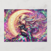 Slaap halve maan meisje met zwarte kat briefkaart (Voorkant)