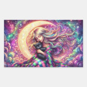 Slaap halve maan meisje met zwarte kat rechthoekige sticker (Voorkant)