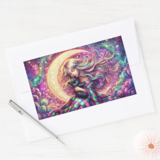 Slaap halve maan meisje met zwarte kat rechthoekige sticker