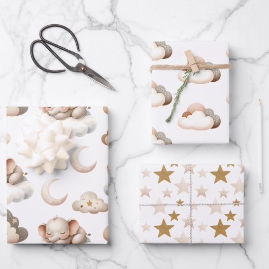 Slaap kleine olifant, wolken, sterren inpakpapier vel (Voorkant)