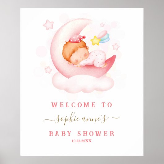 Slaap meisje boven de maan Baby Shower Welkomstbor Poster (Voorkant)