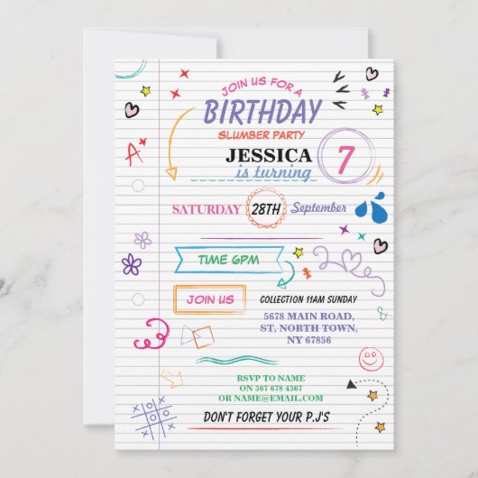 Slaap over Slumber Birthday Party Sketch Invite Kaart (Voorkant)