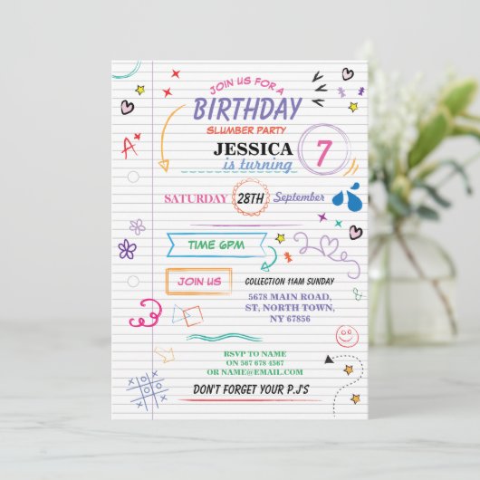 Slaap over Slumber Birthday Party Sketch Invite Kaart (Staand voorkant)