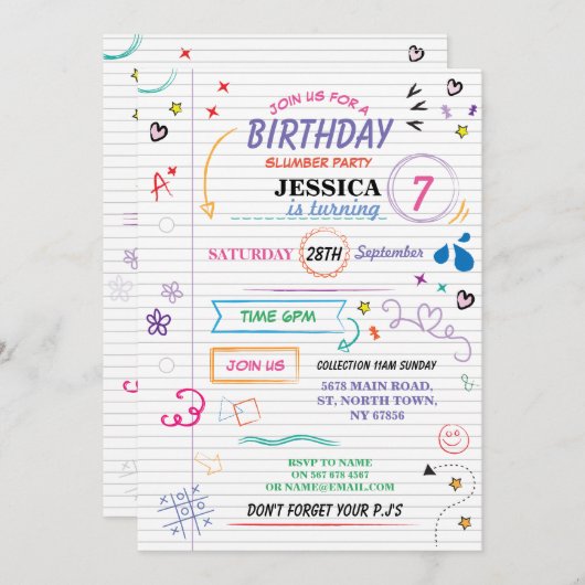 Slaap over Slumber Birthday Party Sketch Invite Kaart (Voorkant / Achterkant)