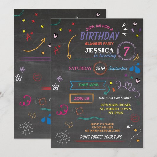 Slaap over Slumber Birthday Party Sketch Invite Kaart (Voorkant / Achterkant)