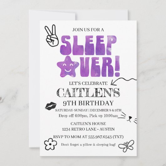 Slaap over verjaardagsfeestje Retro Doodles Paarse Kaart (Voorkant)