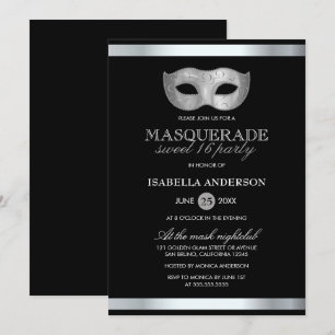 Slaap Silver & Black Masquerade Sweet 16 Party Kaart