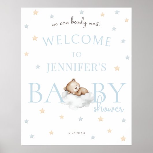 Slaap Teddy Bear Baby Boy Douche Welkom Teken Poster (Voorkant)