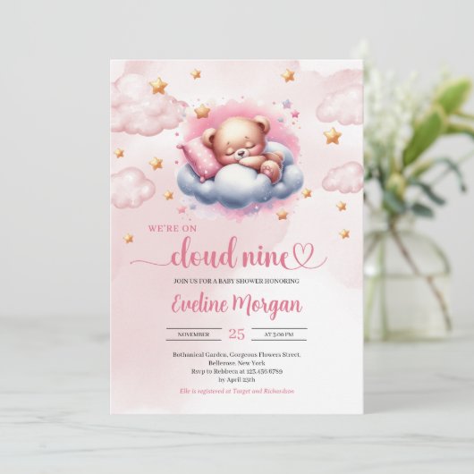 Slaap teddybeer wolk 9 meisje baby shower kaart (Staand voorkant)