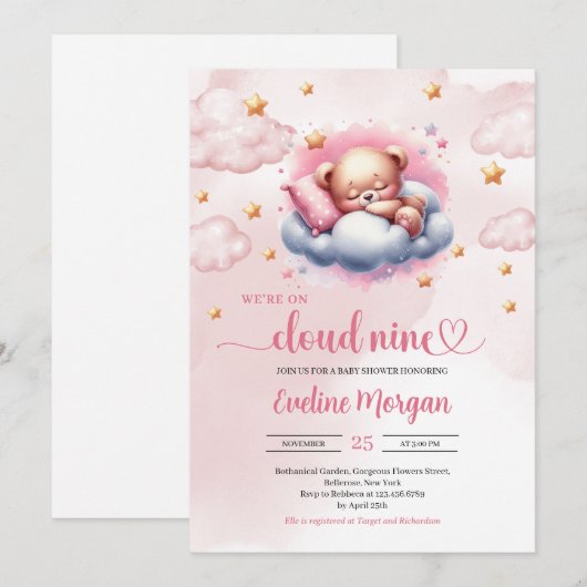 Slaap teddybeer wolk 9 meisje baby shower kaart (Voorkant / Achterkant)