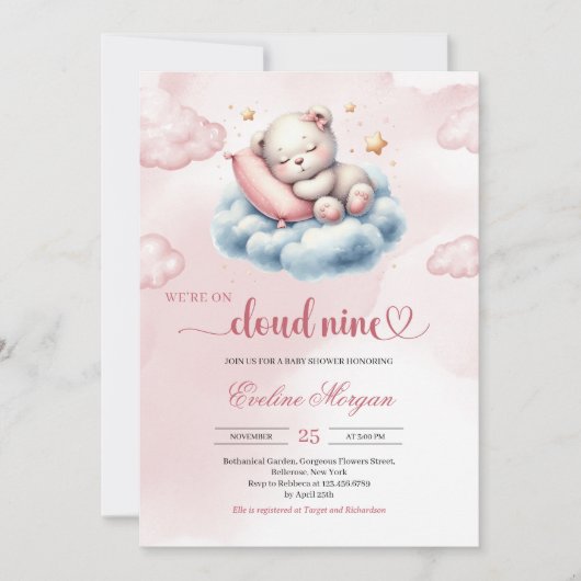 Slaap teddybeer wolk negen meisje baby shower kaart (Voorkant)