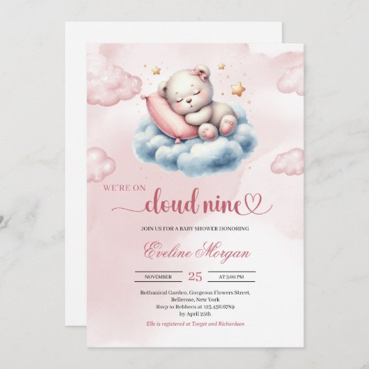 Slaap teddybeer wolk negen meisje baby shower kaart (Voorkant / Achterkant)
