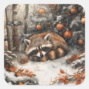 Slaap Wasbeer grillige rustieke kerst Vierkante Sticker