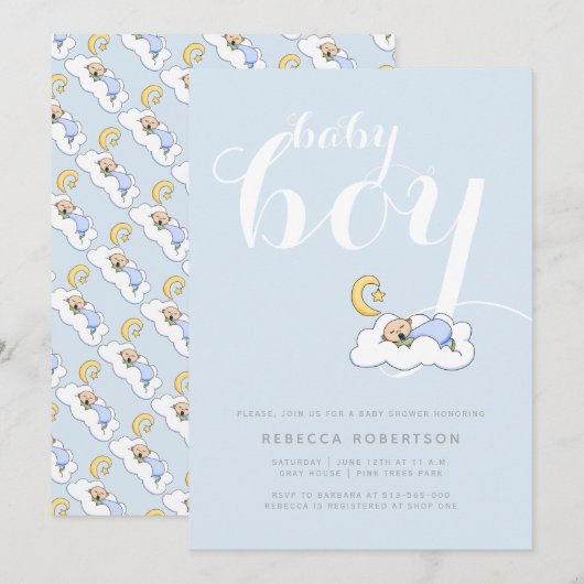 Slaapbaby boy shower bleek blauw typografie kaart (Voorkant / Achterkant)