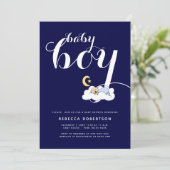 Slaapbaby jongen douche navy blauwe typografie kaart (Staand voorkant)