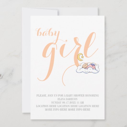 Slaapbaby meisje douche perzik tekst minimaal kaart (Voorkant)