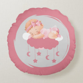Slaapbaby meisje op wolken rond roze kussen