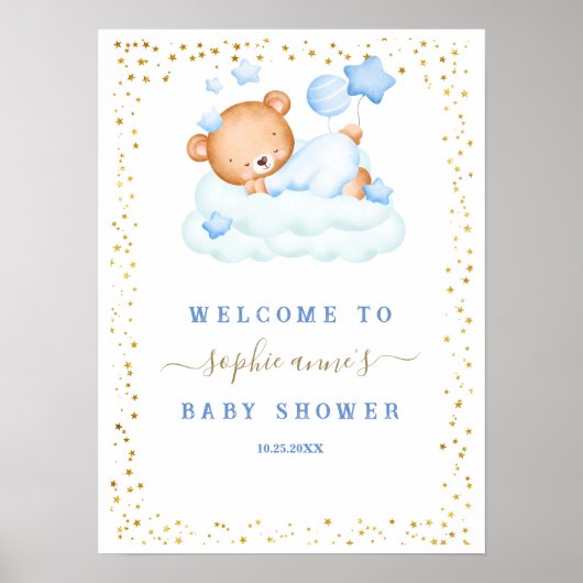 Slaapbeer Jongen Baby Shower Welkom Bord Poster (Voorkant)