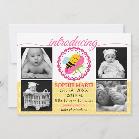 Slaapbijen baby meisje foto geboorte aankondiging (Voorkant)