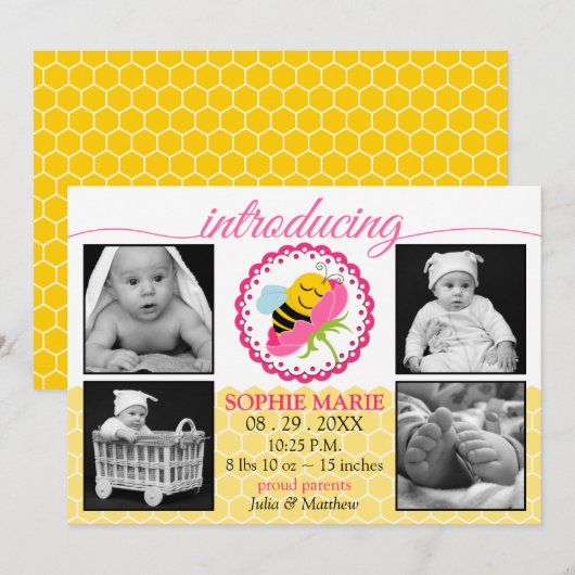 Slaapbijen baby meisje foto geboorte aankondiging (Voorkant / Achterkant)