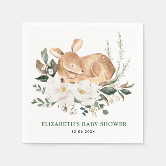 Slaapbos Deer White Floral Greenery Fawn Servet (Voorkant)