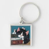 Slaapend boekworm Tuxedo Cat and Mice Painting Sleutelhanger (Voorkant)