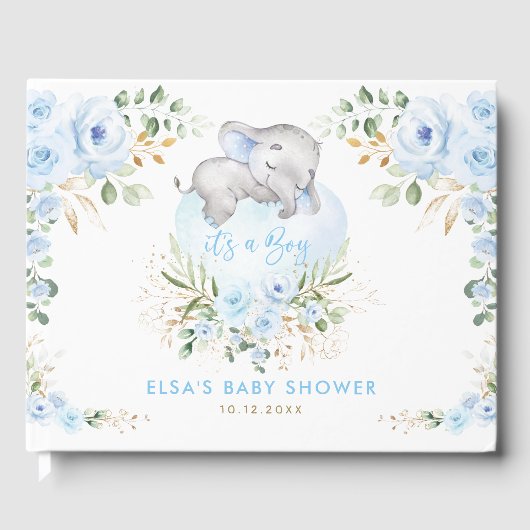 Slaapend Elephant Blue Floral Boy Baby shower Gastenboek (Voorkant)