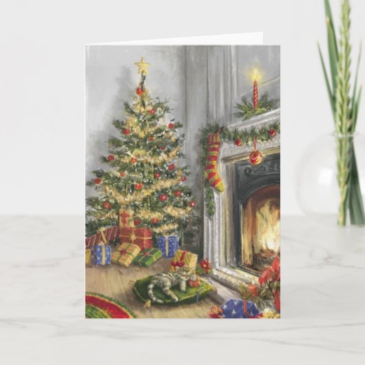 Slaapend Kat bij de kerstboom Feestdagen Kaart (Voorkant)