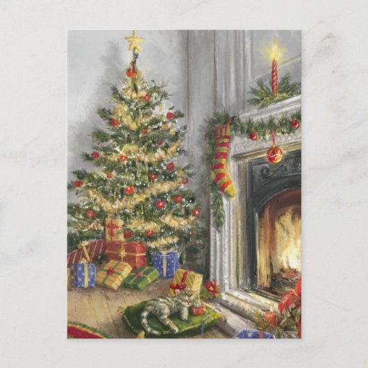 Slaapend Kat bij de kerstboom Feestdagenkaart (Voorkant)