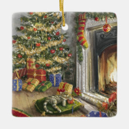 Slaapend Kat bij de kerstboom Keramisch Ornament