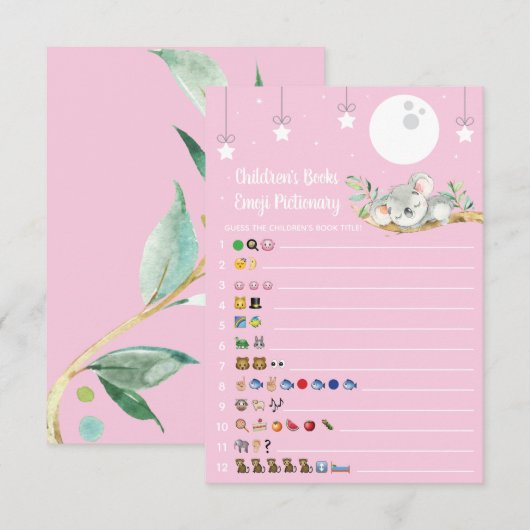 Slaapend Koala Baby shower Game Emoji Pictionary I Kaart (Voorkant / Achterkant)