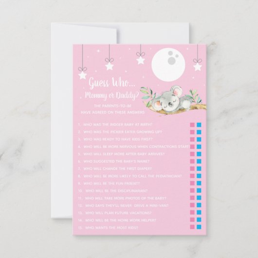 Slaapend Koala Baby shower Game raad eens wie? Inv Kaart (Voorkant)