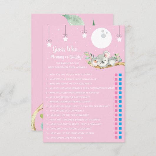 Slaapend Koala Baby shower Game raad eens wie? Inv Kaart (Voorkant / Achterkant)
