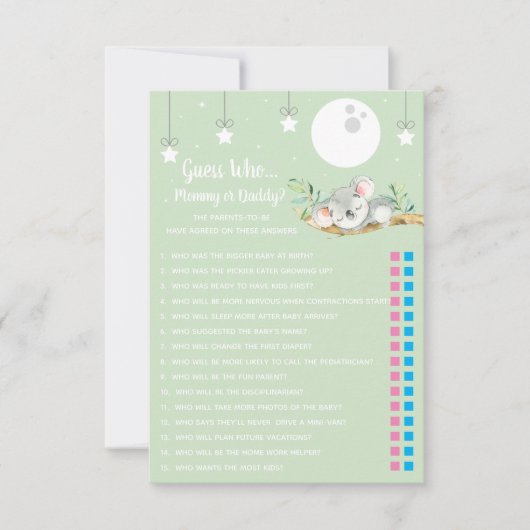 Slaapend Koala Baby shower Game raad eens wie? Inv Kaart (Voorkant)