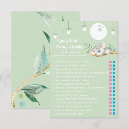 Slaapend Koala Baby shower Game raad eens wie? Inv Kaart (Voorkant / Achterkant)