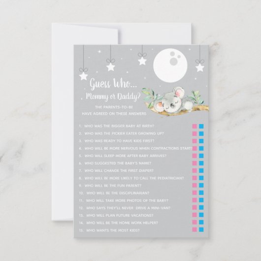 Slaapend Koala Baby shower Game raad eens wie? Kaart (Voorkant)
