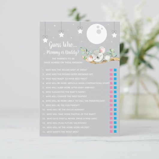 Slaapend Koala Baby shower Game raad eens wie? Kaart (Staand voorkant)