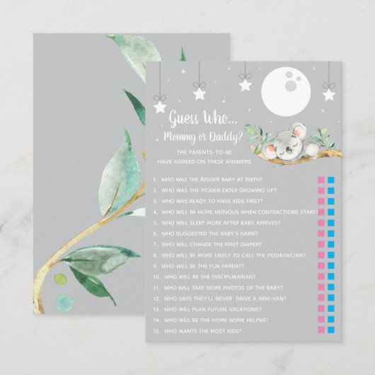 Slaapend Koala Baby shower Game raad eens wie? Kaart (Voorkant / Achterkant)