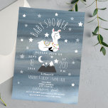 Slaapend Llama Baby Mountains Baby shower Kaart<br><div class="desc">Een uitnodiging van het baby shower met een illustratie van een baby omringd door sterren. Pas de tekst aan. Achtergrond is donkerblauwe waterverf geïnspireerd.</div>