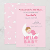 Slaapend meisje op de maan Baby shower Invitat Kaart (Voorkant / Achterkant)