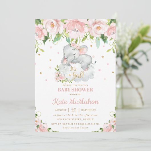 Slaapend olifant Blush Pink Florence Baby shower Kaart (Staand voorkant)