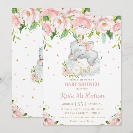 Slaapend olifant Blush Pink Florence Baby shower Kaart (Voorkant / Achterkant)