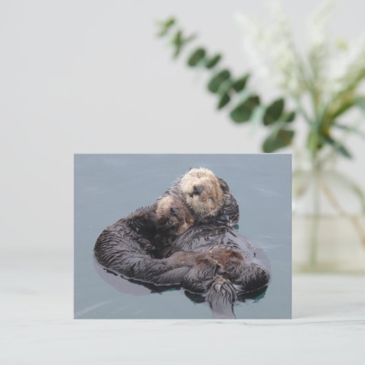 Slaapend zee otter moeder en pup briefkaart (Staand voorkant)